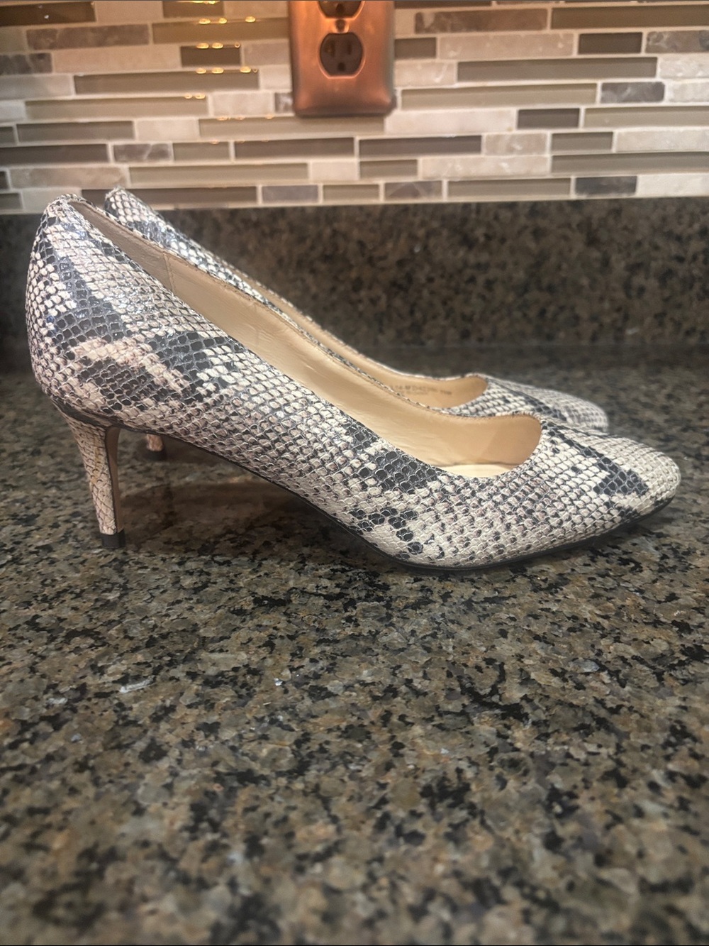 Cole Haan Snake-Print Pointed Toe Pumps in Beige and Gray